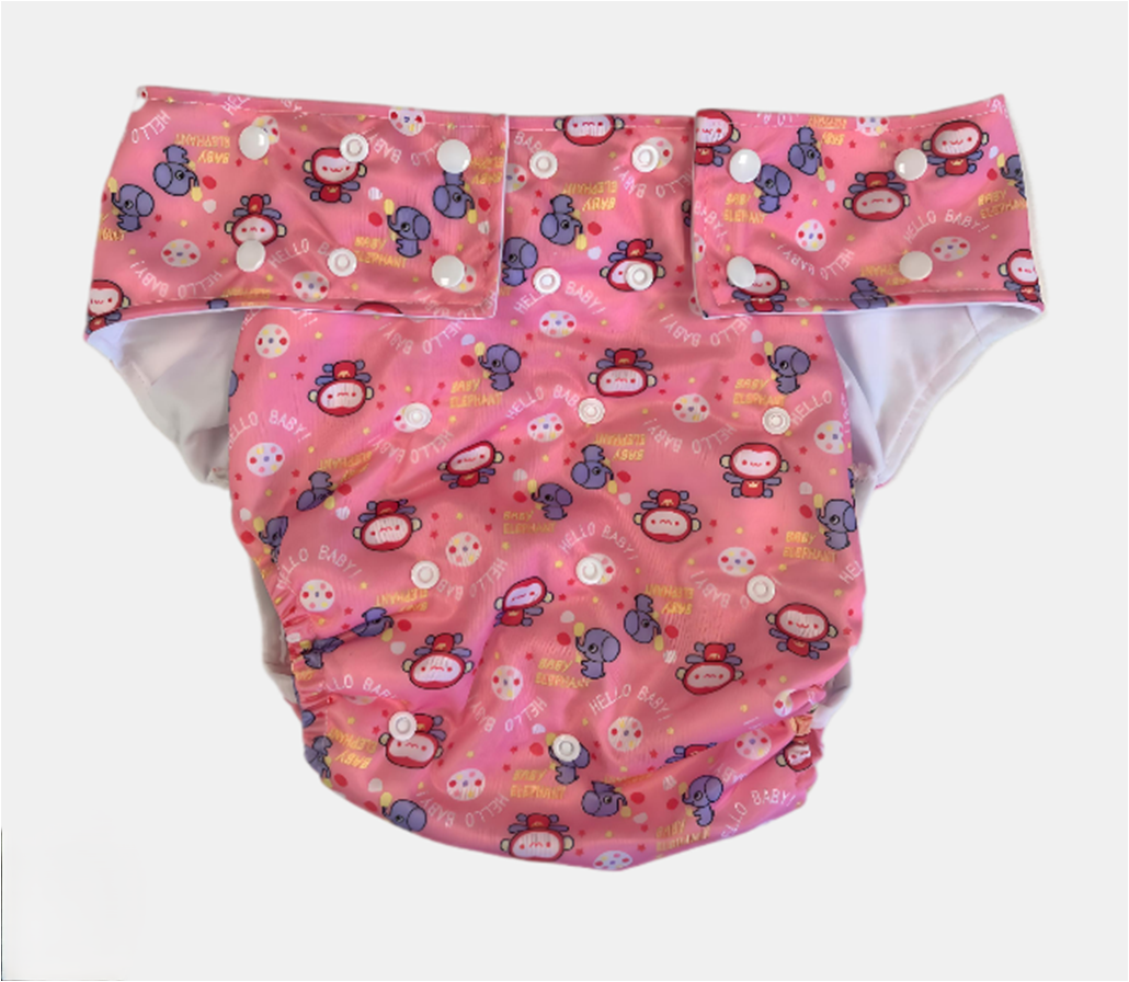 One Size Adult Pocket Nappy - Buttons - Pink Animals
